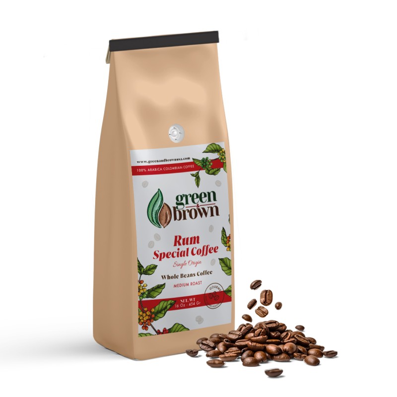 Rum Special Coffee 16 oz (454g) Whole Bean Colombian Coffee Green & Brown