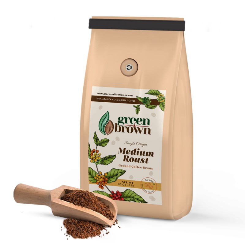 Medium Roast Coffee 80 oz (5lbs) Ground Colombian Coffee Green & Brown