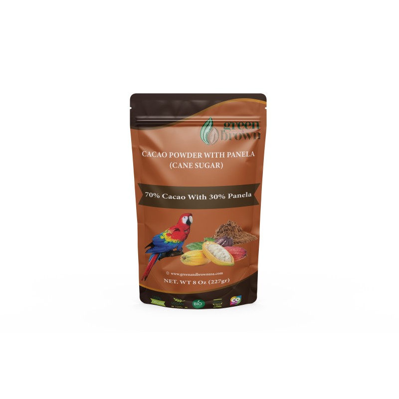 Cacao Powder With Panela Cane Sugar 70% Cacao 30% Panela 8 Oz (227g) Green & Brown