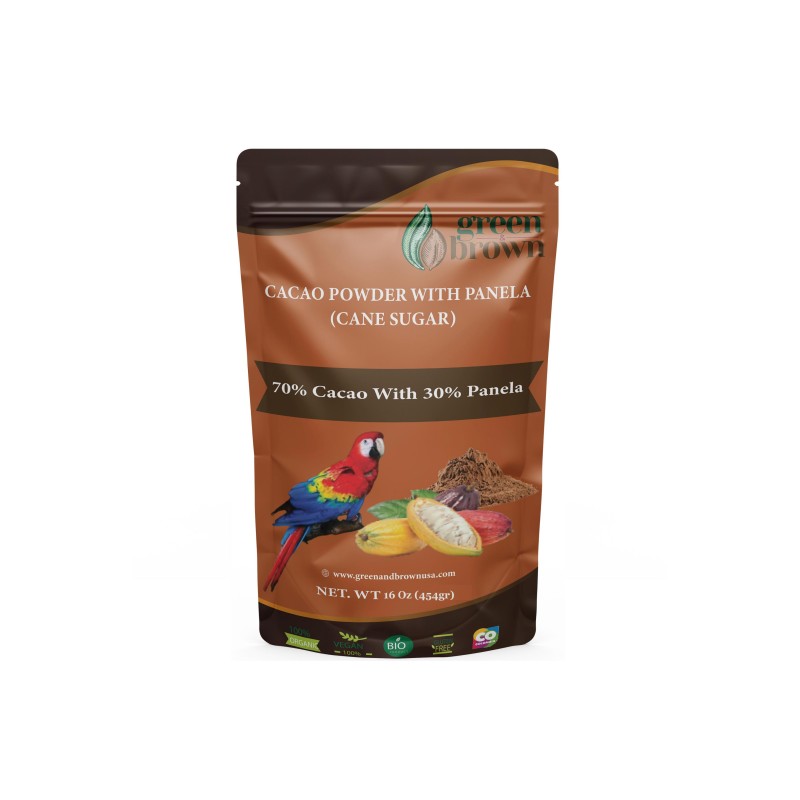 Cacao Powder With Panela Cane Sugar 70% Cacao 30% Panela 16 Oz (454g) Green & Brown